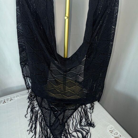 Black Fringe Knit Shawl Wrap | Boho Triangle Scarf | 82x35 + 7” Fringe - Picture 7 of 12